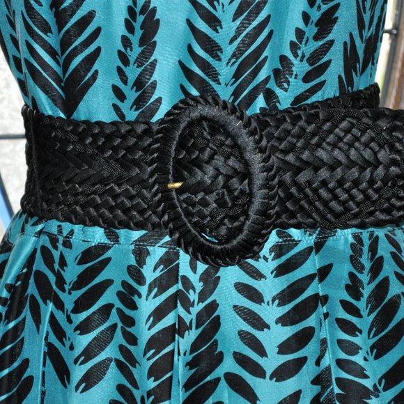 Kay Unger of New York Teal & Black Silk Dress With Black Belt - Picture 2 of 8